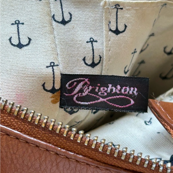 Vintage Brighton Tan & Navy Leather Anchor Lined Crossbody Starfish Bag - Picture 3 of 13